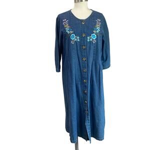 Blair 1990s Denim Blue Jean Midi Vintage Cotton Dress w/ Floral Embroidery Sz M